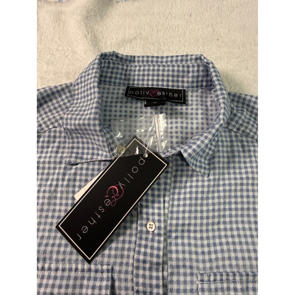 Polly & Esther Womens XL Gingham Button Down Shirt Blue White PW11005PMC NWT - Picture 8 of 9